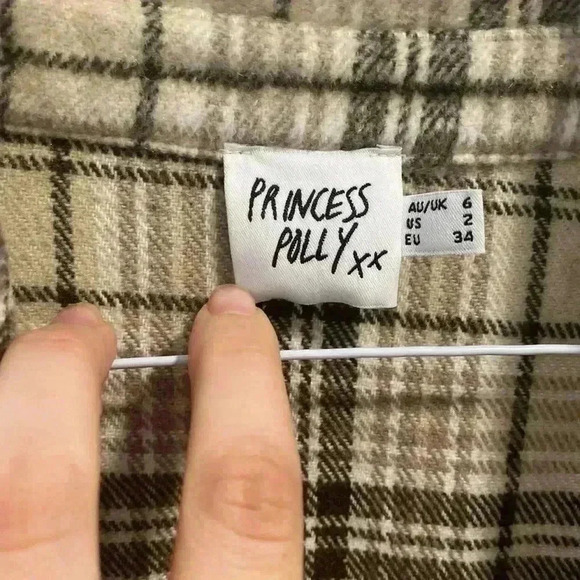 Princess Polly Plaid Flannel Shirt Shacket Sz 2 Brown Cream Layering Fall Staple - Picture 2 of 10